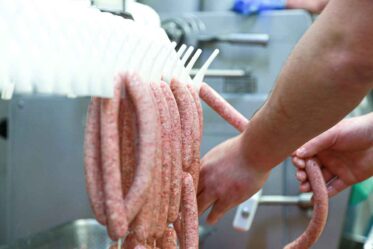 Wurstproduktion in einer modernen Fleischverarbeitungsanlage, frische Fleischmasse in Edelstahlbehältern, industrieller Fleischwolf und Wurstfüller, hygienische Arbeitsumgebung, lebensmittelverarbeitende Produktion, traditionelle und industrielle Wursterzeugung.